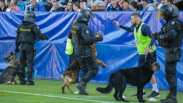 Policejní těžkooděnci a jejich vzteklí psi přímo u postranní čáry hřiště. Nedůstojné kulisy pohárového finále mezi Slováckem a Spartou.