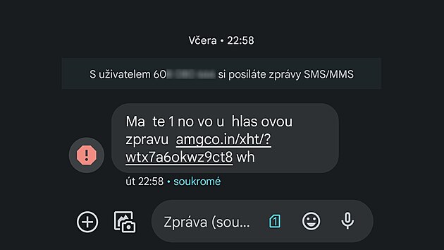 Českem se šíří malware Flubot. Obsah sdělení podvodných SMS lákajících ke stažení hlasové zprávy, link však odkazuje na podvodnou aplikaci.