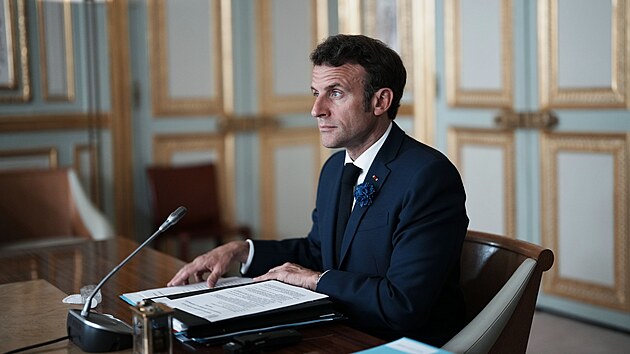 Francouzsk prezident Emmanuel Macron jednal na videokonferenci s vedoucmi pedstaviteli zem G7 ohledn rusk invaze na Ukrajinu. (8. kvtna 2022)