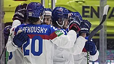 Slovenští hokejisté se radují ze vstřelené branky.