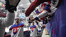 Slovenští hokejisté se s diváky v Helsinkách radují z vítězství nad Francií.