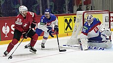 �výcar Christoph Bertschy (vlevo) kontroluje puk p�ed slovenskou branku a hledá...