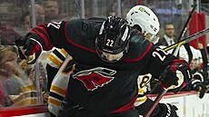 Brett Pesce (22) z Carolina Hurricanes a David Pastrák z Boston Bruins bojují...