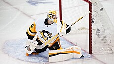 Louis Domingue z Pittsburgh Penguins inkasuje proti New York Rangers.