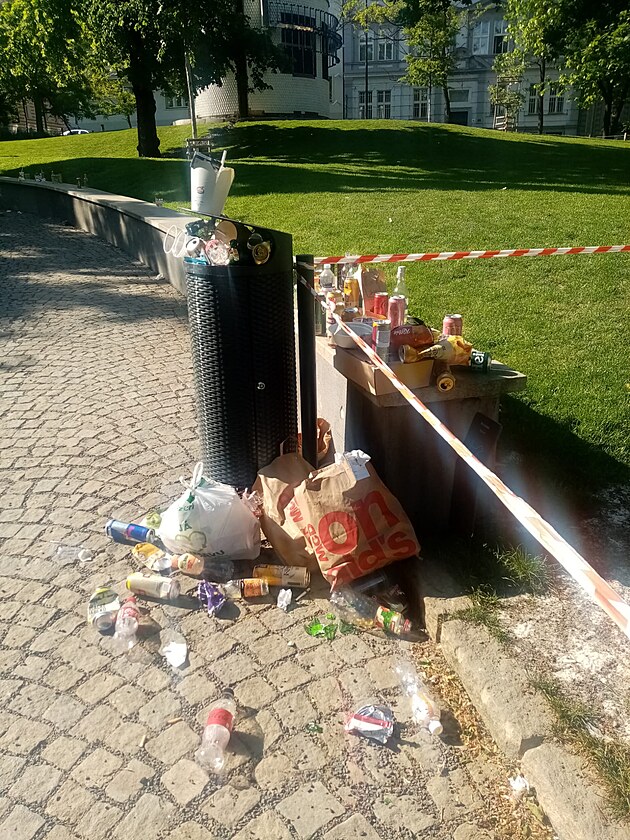 Hromady odpadk, rozválené plochy kvtinových záhon, olámané eíky, otrhané kosatce, výlapy a rozdupané celé ásti výsadeb. Bohuel vetn moení a kálení do kvtin. Vyvracení informaních tabulí, pokozování mobiliáe, rozlamování plotk. Nechybí a