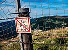 Turisté bhem výstupu na horu Snku v Krkonoích. Vyznaená místa pro zákaz...