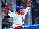 eský hokejista Matj Blümel se raduje z gólu proti Spojeným státm.
