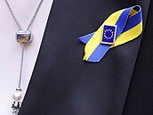 Člen Evropského parlamentu se stužkou v barvách ukrajinské vlajky a špendlíkem...