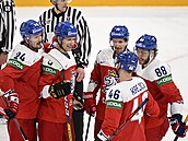 Čeští hokejisté slaví úspěšný zásah.