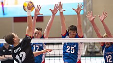 etí volejbalisté blokují v zápase Evropské ligy proti Belgii.