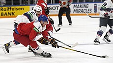 �eský obránce David Skleni�ka (9) dr�í kotou� p�ed americkým forvardem Alexem...