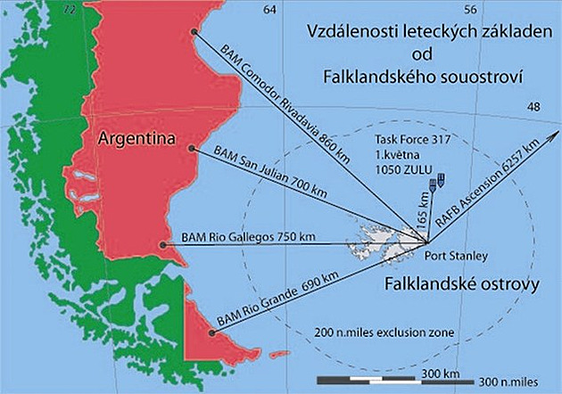 Schema vzdálenosti leteckých základen od Falklandských ostrov