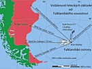 Schema vzdálenosti leteckých základen od Falklandských ostrov