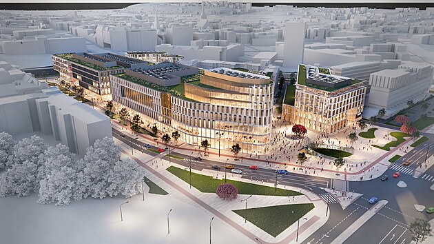 Vizualizace nové čtvrti v Plzni, která vznikne mezi Americkou třídou, Denisovým nábřežím a Hlavním nádražím. 