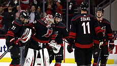 Branká Antti Raanta z Carolina Hurricanes se zranil, pomáhají mu Nino...