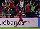 Jakub Peek oslavuje gól proti panlsku v Lize národ.