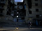 Mu se prochází se svým psem poblí budovy zniené útoky na pedmstí Kyjeva na...