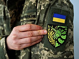 Territorial Defence member Antonina Romanova, 37, shows a unicorn insignia on...