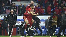 Radost fotbalist� Walesu po vyhraném bará�ovém utkání proti Ukrajin�, které je...