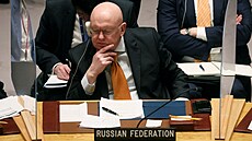 Ruský velvyslanec při Organizaci spojených národů Vasilij Něbenzja na zasedání...