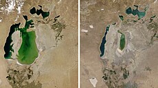 Aralské jezero v roce 2000 (vlevo) a v roce 2018 (vpravo)