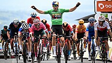 Dojezd 3. etapy závodu Critérium du Dauphiné. V zeleném trikotu se raduje Wout...