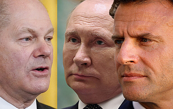 Zleva: Olaf Scholz, Vladimir Putin, Emmanuel Macron