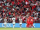 výcartí fotbalisté slaví gól v utkání proti Portugalsku.