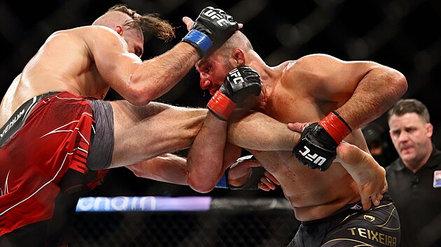 Český zápasník Jiří Procházka bojuje s Brazilcem Gloverem Teixeirou v zápase o titul v polotěžké váze během akce UFC 275 v Singapuru. (12. června 2022)