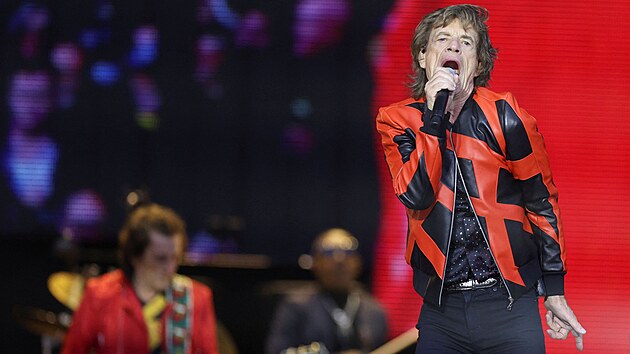 Mick Jagger. Skupina Rolling Stones vystoupila v Liverpoolu po 50 letech (9. ervna 2022)