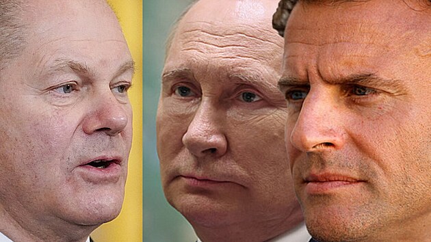 Zleva: Olaf Scholz, Vladimir Putin, Emmanuel Macron