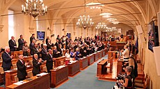 Ukrajinský prezident Ukrajinský prezident Volodymyr Zelenskyj promluvil na...