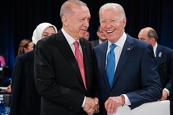Americký prezident Joe Biden s tureckým prezidentem Erdoganem během summitu...
