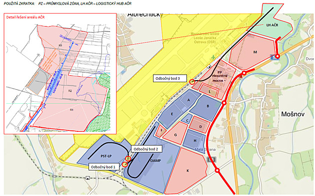 Mapka lokality mezi obcí Mošnov a letištěm (žlutá plocha), na které je...