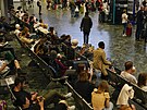 Cestující sedí na nádra�í Euston zatímco �ekají na ohlá�ení svého vlaku b�hem...