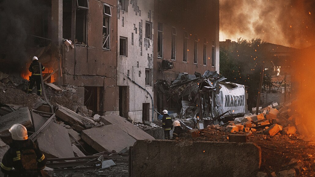 Hořící část města Mykolajiv po ruském ostřelování. (18. června 2022)
