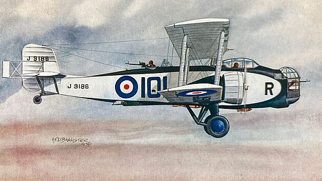 Bombardr Boulton Paul Overstrand v podob vtvarnho dla uitho na dobov potovn pohlednici