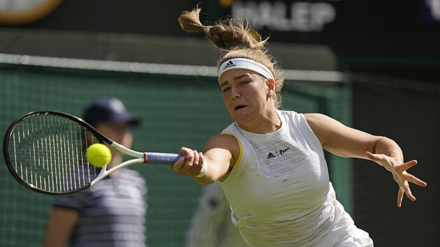 Karolna Muchov se natahuje po balonku v zpase prvnho kola Wimbledonu.