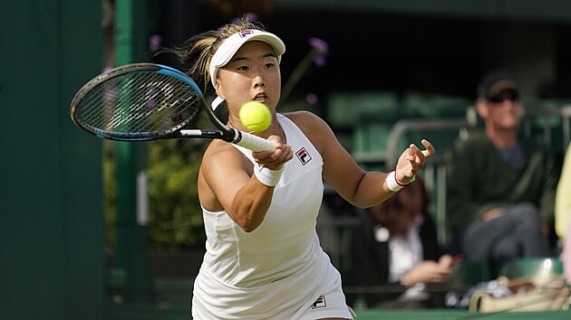 Amerianka Ann Liov returnuje ve druhm kole Wimbledonu proti Marii Bouzkov.