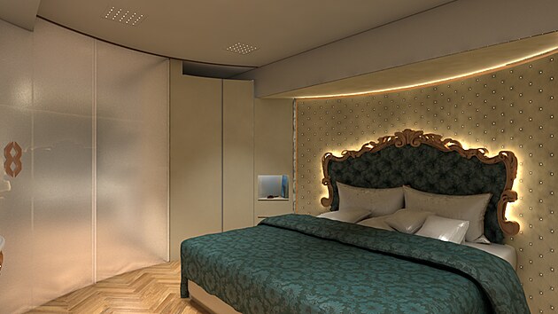 Nechyb� ani velk� kruhov� lo�nice s man�elskou postel�.