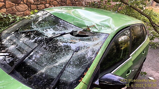 U Břas na Rokycansku spadl na projíždějící auto javor, zraněnou řidičku si převzali záchranáři.