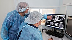 Zubaři si prohlížejí rentgenový snímek pacienta na zubní klinice Domodědovo v...