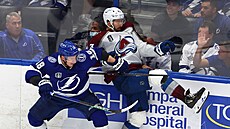 Ondej Palát (vlevo) z Tampa Bay Lightning se u mantinelu stetl s Darrenem...