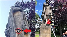 Hasii odstranili vosí hnízdo ze sochy Karla Havlíka Borovského v Hoicích....