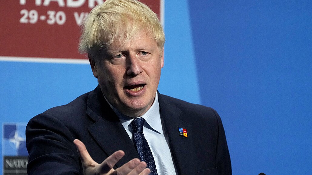 Britský premiér Boris Johnson hovoí na tiskové konferenci v rámci summitu NATO...