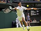 Novak Djokovi se natahuje po míku ve tetím kole Wimbledonu.
