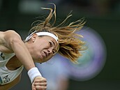 Marie Bouzková servíruje ve čtvrtfinále Wimbledonu.