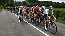Tadej Pogaar táhne peloton v esté etap Tour de France.
