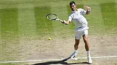 Novak Djokovi odehrává míe v semifinále Wimbledonu.