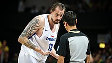 eský basketbalista Ondej Balvín diskutuje s rozhodím.